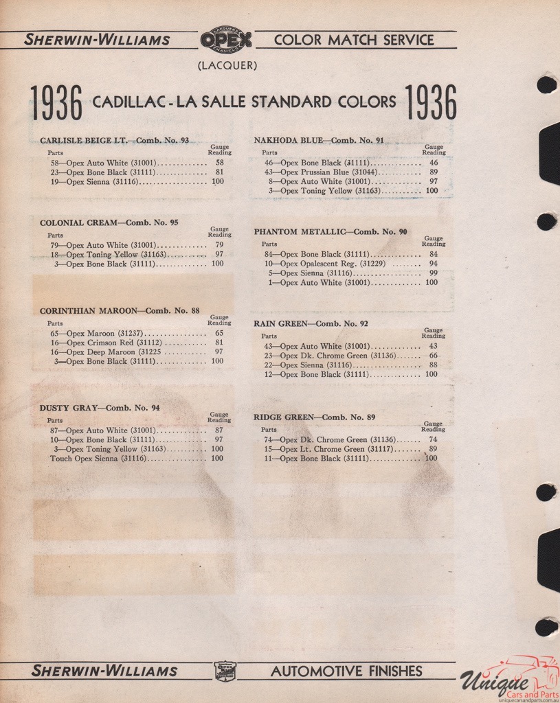 1936 Cadillac Paint Charts Williams 3
